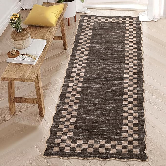 GarveeHome Hallway Runner Rug 2x6 Non Slip Scalloped Kitchen Washable Rug | Entry Stain Resistant Modern Border Throw Floor Carpet Long Runner Mat for Bathroom Living Room Bedside, Brown