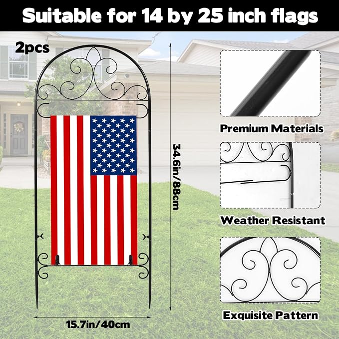 2 Pack Metal Garden Flag Holder Stand Scroll American Stand Yard Flag Pole Stake Fits Max 14 x 25 Inch for Outside House Garden Yard Lawn Patio Balcony Decor, No Flags Included