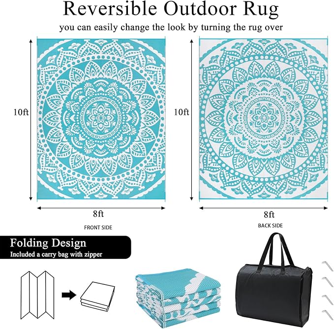 Bsmathom Waterproof Outdoor Rug 8'x10' Reversible Boho Plastic Straw Patio Deck Camping Rugs, Indoor Outdoor Portable RV Mat Clearance Carpet for Outside, Porch, Balcony, Backyard, Beach, Flower Teal