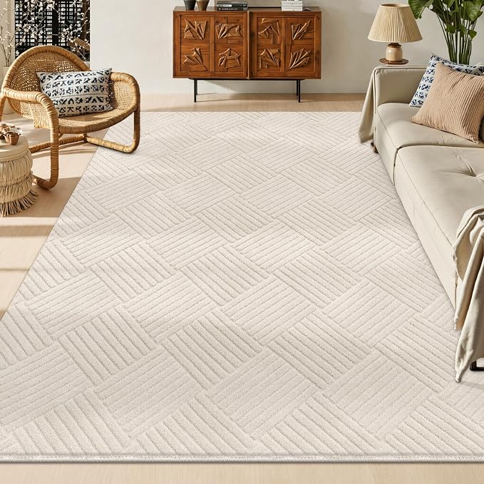 5x7 Living Room Area Rug, Beige Soft Geometric Fluffy Bedroom Mat | Washable Modern Indoor Floor Mat, Non Slip Shaggy Boho Accent Throw Carpet for Office, Dorm, Nursery and Dining Room