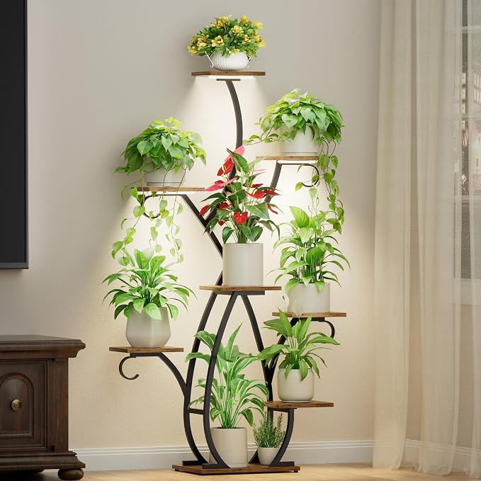 EVAWOO Plant Stand Indoor with Grow Lights - 58" Tall Plant Shelf Indoor, 8 Tiered Corner Lighted Plant Stand for Indoor Multiple Plants, Metal Flower Stands Display Rack for House, Patio, Black