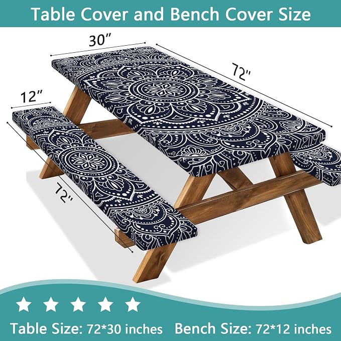 Picnic Table Cover with Bench Covers 6FT 3PCS, Camping Essentials,Rectangle Fitted Camping Tablecloth Waterproof with Elastic Edge for Indoor Outdoor Patio, 96in, Black and White