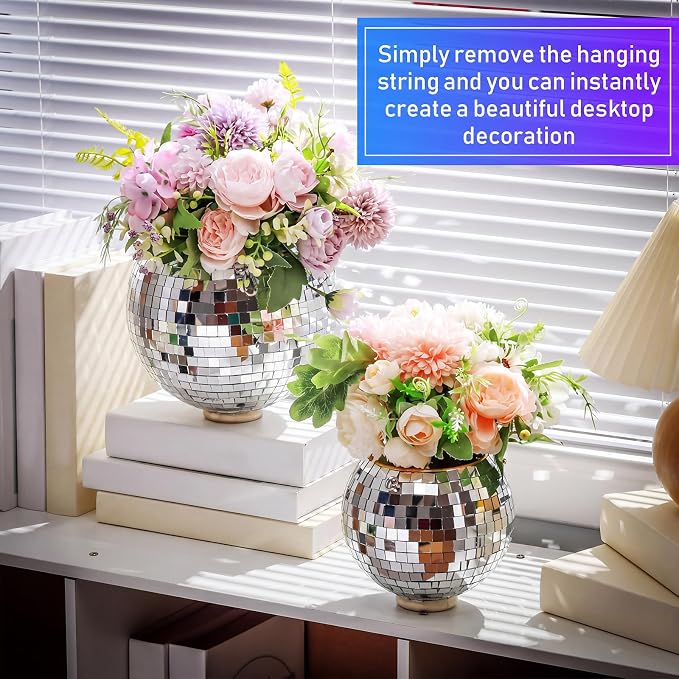 4 Pcs 6/8 Disco Ball Planter Hanging Disco Ball Plant Hanger with Chain Hook and Ring Stand, Mirror Flower Pot for Indoor and Outdoor Plants 70s 80s Party Room Decorations, Sliver