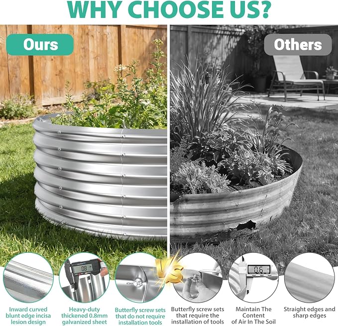 YSEJOMP 17" Tall Round Outdoor Garden Raised Garden Bed Kits-0.8MM Thick Metal Raised Planter Bed/Ground Planter Box for Variety of Flowers,Herbs,Vegetables,Trees (Silver, 48 Dia X 16.5inches)