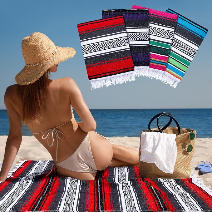 Oudain 4 Pcs Mexican Blankets Bulk Handwoven Mexican Yoga Blanket Towel Colorful Falsa Serape Woven Throw Blanket Boho Beach Blankets for Outdoor Camping Beach Picnic Travel Home(Red)