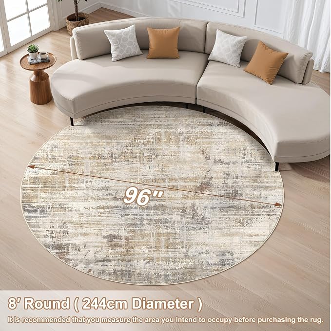 UERMEI 8ft Round Area Rug for Living Room Washable Abstract Golden Brown | Soft Low Pile Non Slip Indoor Carpet Stain Resistant Kid Pet Friendly Circle Rug For Bedroom Dining Room Office Nursery