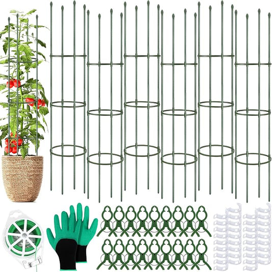 Hahood 6 Pack Tomato Cages for Garden Plant Support 64 Inches Tall Garden Trellis Plant Stakes for Indoor Outdoor Plants Climbing Plants Vegetable Fruit Crop Flower Vine, Green