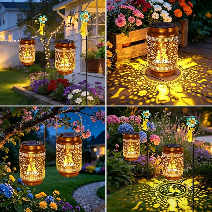 Dog Solar Lanterns Outdoor Waterproof Solar Garden Decor, Birthday Gifts for Women Mom Grandma, Metal Hanging Lights with Shepherd Hook for Outside Yard Patio Pathway Backyard Porch
