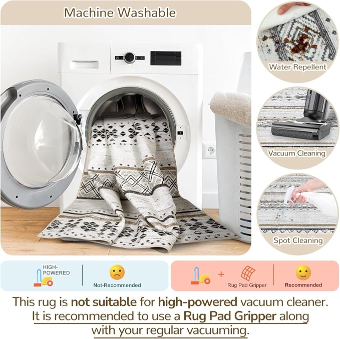 2x3 Washable Area Rugs for Living Room Boho Bathroom Rug Black/Brown | Vacuum Friendly, Machine Washable, Non-Slip Rug, Stain Resistant, Moroccan Geometric, Low Pile Carpet, Entryway Kitchen