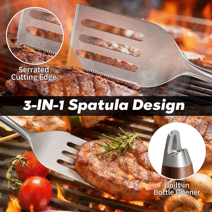 ENLOY Heavy-Duty Barbecue Grilling Tools Set, Outdoor Grill Accessories with Spatula, Fork & Tongs, Extended Rosewood Handle & Food-Grade Stainless Steel for Barbecue & Grill, 3Pcs BBQ Tools for Men