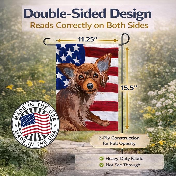 Caroline's Treasures CK6680GF Russian Toy Dog American Flag Garden Flag Mailbox Flag Decorative Yard Flag Banner Outside Patio Artwork Yard Flower Beds, Garden Size, Multicolor