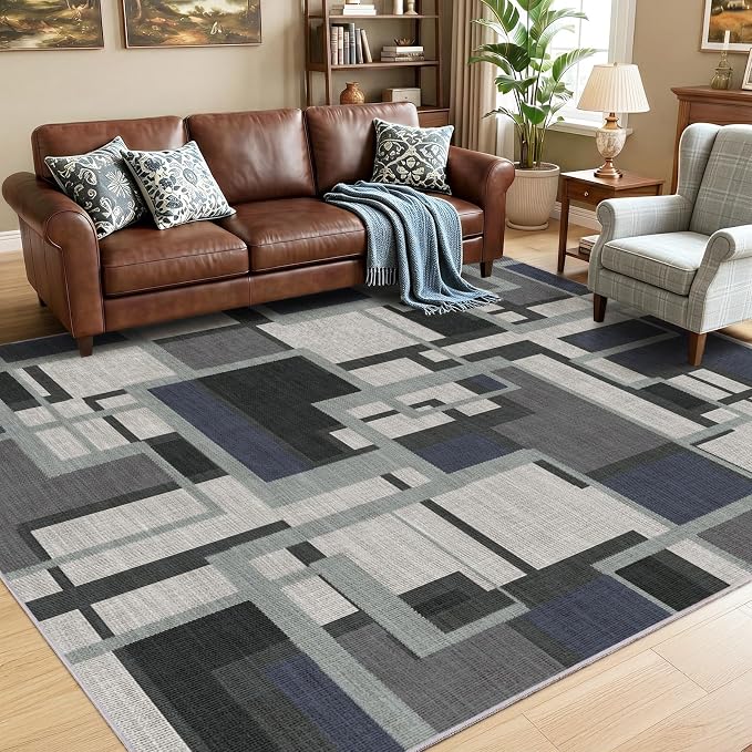Pionblank Modern Geometric Area Rugs for Bedroom, Slate Blue 4x6 Rug | Blue Grey Patchwork Blocks Indoor Carpet for Living Room Dining Room Office | Soft Low-Pile Floor Rug | Abstract | Non-Slip