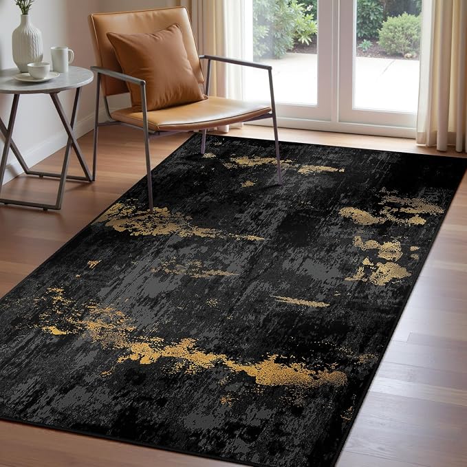RELEANY Washable 3'x5' Abstract Area Rug for Living Room Black Gold | Carpet for Bedroom, Kitchen, Office, Hallway and Entryway, Printed Pattern, Non‑Slip, Soft, Stain‑Resistant, Easy to Clean