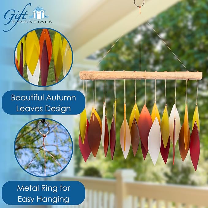 Blue Handworks Fall Leaves Glass & Driftwood Chime, Sandblasted Glass and Found Wood Handcrafted Wind Chime | Sandblasted Glass and Found Wood Handcrafted Wind Chime