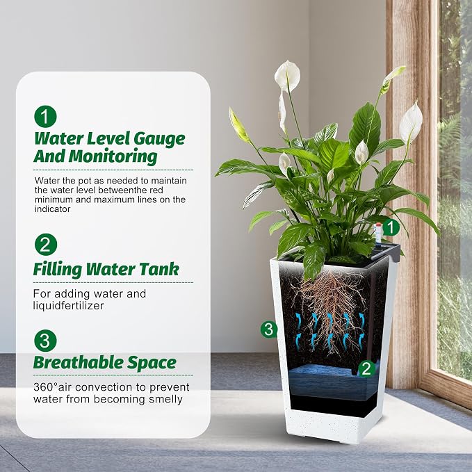 GarveeLife 22.5" Tall Planters Set of 2, Outdoor&Indoor Black Planter Pots, High Front Porch Planter Pots With Drainage Holes&Water Level Monitor&Inner Bucket, Automatic Watering, White and Black Dots