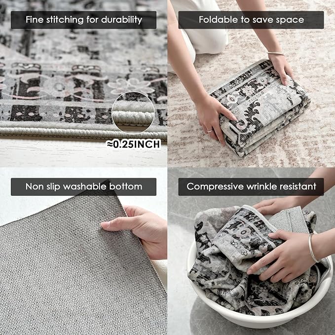 Washable Area Rug 8x10, Grey Vintage Persian Style Floral Living Room Rug | Machine-Washable Rug, Distressed Design Area Rugs, Modern Classic Transitional Style, Bedrooms Rug, Non-slip Backing