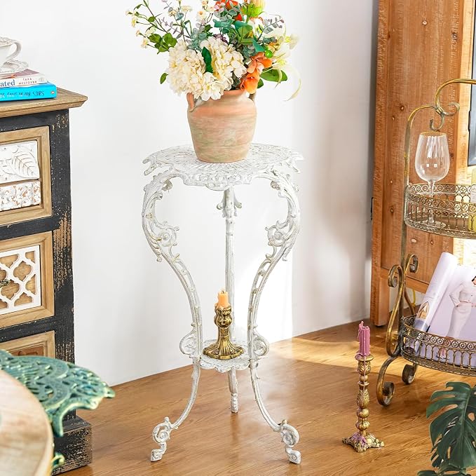 Sungmor Vintage Cast Iron Plant Stand - Ornate White Pedestal Table for Indoor Outdoor Garden, 27.5" Antique Metal Flower Pot Holder - Victorian Style Plant Display Stand, Patio, Porch, Balcony Décor