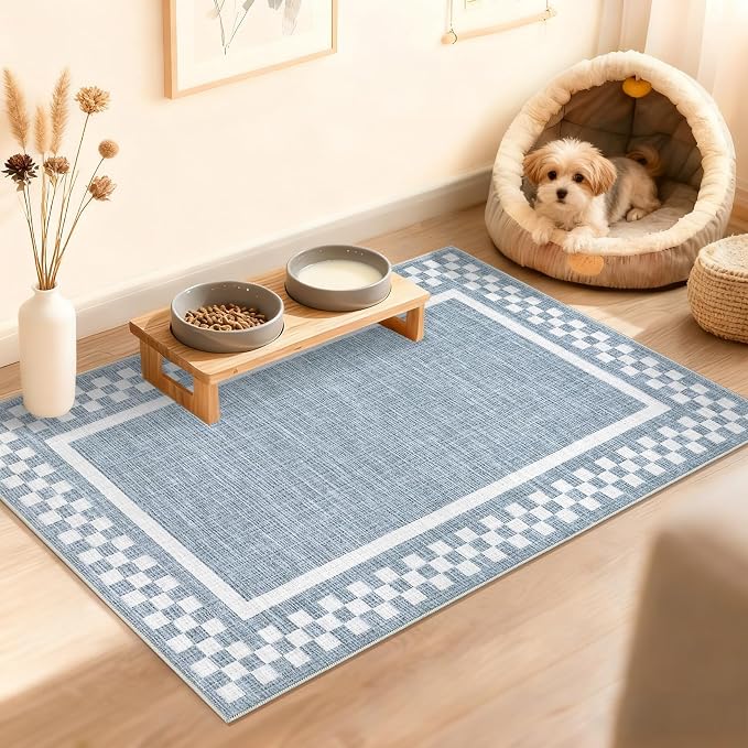 GarveeHome Small Washable Area Rug 2x3 Modern Checkered Entry Bedroom Rug | Solid Color Scalloped Kitchen Rugs Non Slip Stain Resistant Bordered Throw Carpet for Living Room Nursery Laundry, Blue