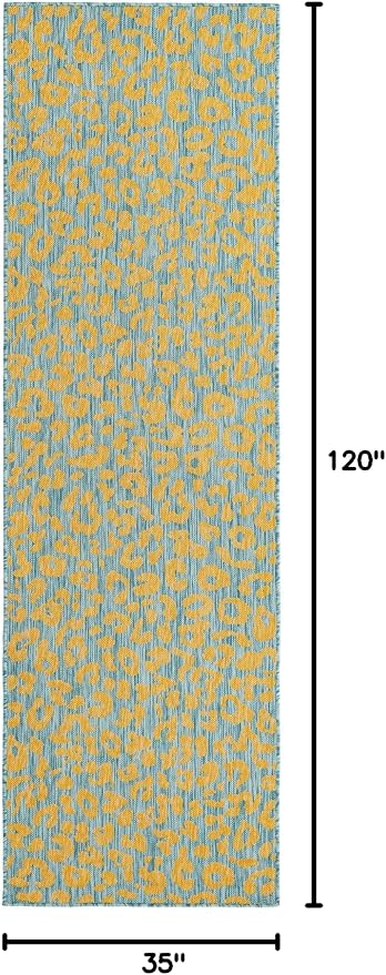 Unique Loom Outdoor Safari Collection Area Rug - Leopard (2' 11" x 10' Runner, Blue Yellow/ Blue)