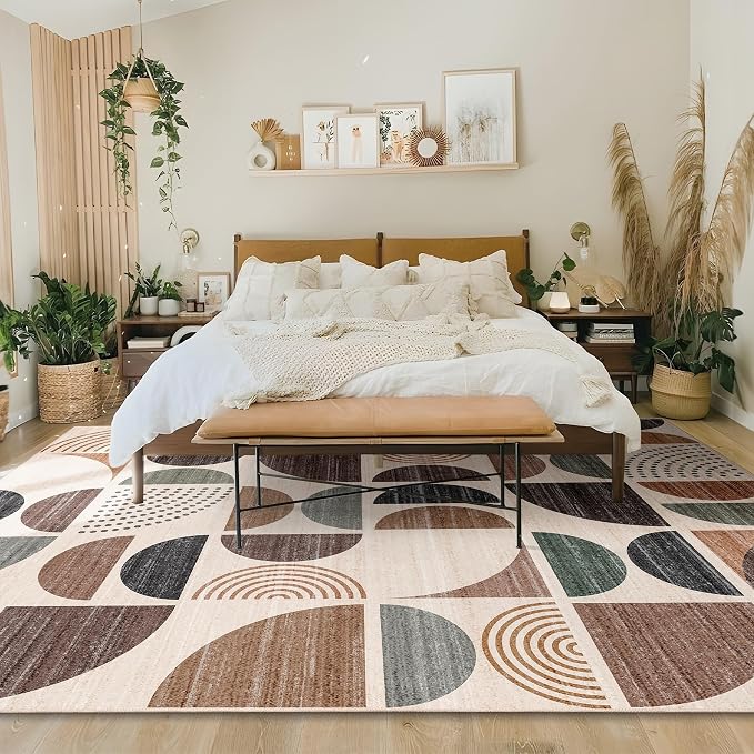 Washable Rug 8x10,Large Area Rugs Non Slip Modern Abstract | Throw Carpet for Living Room Bedroom Bedside Dining Room Boho Soft Low Pile Floor Indoor Bohemian Brown