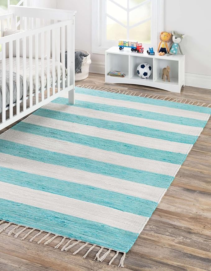 Unique Loom Chindi Rag Collection Area Rug - Striped (4' 1" x 6' 1" Rectangle, Turquoise and Ivory)