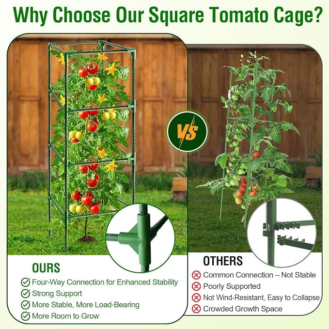Fabulas Tomato Cage, Square Tomato Trellis Plant Support Stake Cages for Garden and Pots Tall Up to 63 Inch Adjustable Cucumber Trellis for Raised Bed Outdoor Climbing Plants Vegetables Flower, 3 Pack