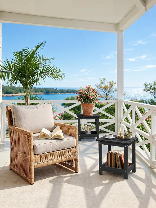 LUE BONA Outdoor Side Table, 2-Tier HDPE Small Outdoor End Table with Rail for Patio, Deck, Poolside, Low Maintenance & Weather Resistant, Black