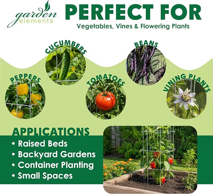 Garden Elements Square Tomato Cage, 48 Inch (Pack of 3) - Heavy Duty Galvanized Steel Plant Support, Collapsible Garden Trellis with 8-Leg Stability for Climbing Vegetables & Vines