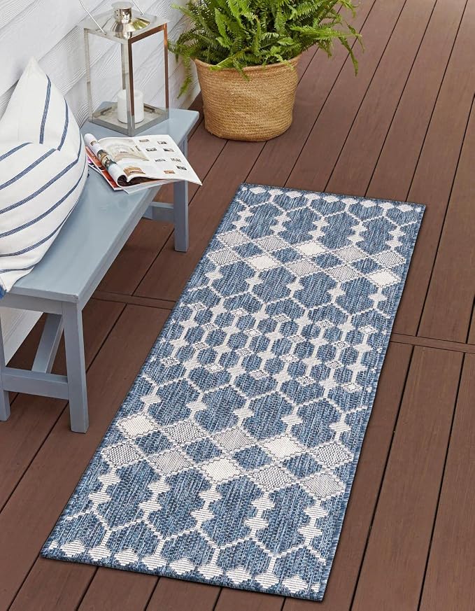 Unique Loom Outdoor Trellis Collection Area Rug - Traliccio (2' 11" x 10' Runner, Blue/ Ivory)