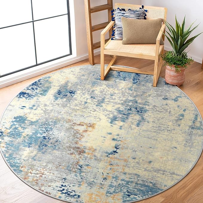 Lahome Washable Round Rug 5Ft, Blue Modern Abstract 5x5 Circle Rugs for Living Room Bedroom, Soft Contemporary Large Indoor Carpet for Kitchen Apartment Basement Home Office