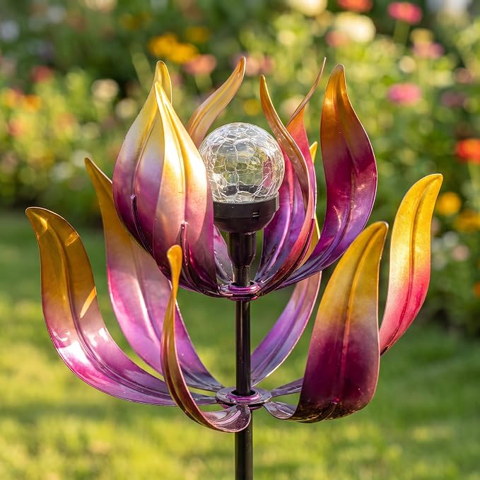Solar Wind Spinner Outdoor Metal Decor - 61" Tall Lotus Kinetic Yard Art with Color-Changing Crackle Glass LED Light, Dual-Directional Wind Catcher Lawn Ornament for Garden, Patio & Yard Gift