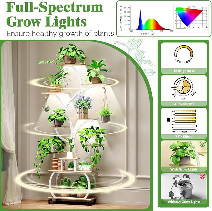 VINGLI Plant Stand Indoor with Growing Lights, 61" Tall Plant Stand with Full Spectrum LED, 10-Tier Tree-Shaped Indoor Plant Shelf, Movable Decorative Plant Rack for Living Room, Balcony & Office, White and Oak