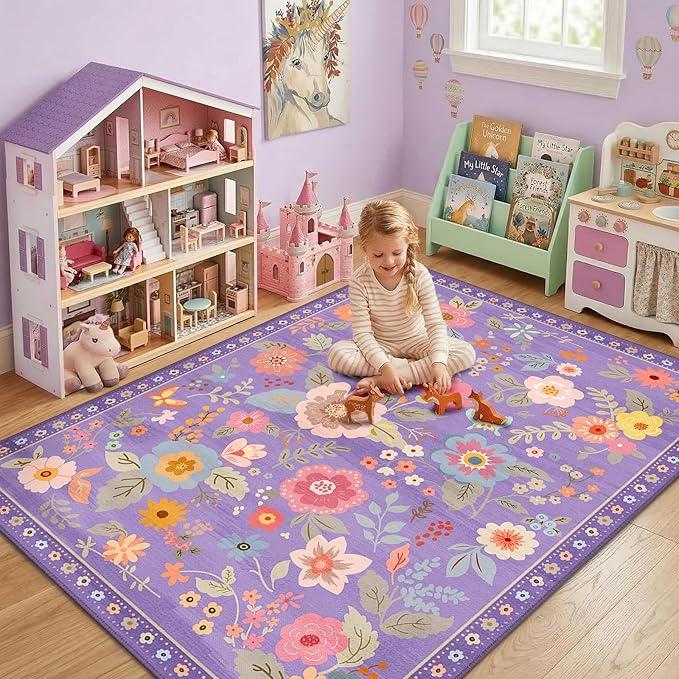 RELEANY Floral Washable 5x8 Area Rugs Purple/Pink | Flower Carpet, Print, Boho, Non-Slip, Easy to Clean, Soft, Low Pile for Living Room Bedroom Kitchen Office Entryway Hallway