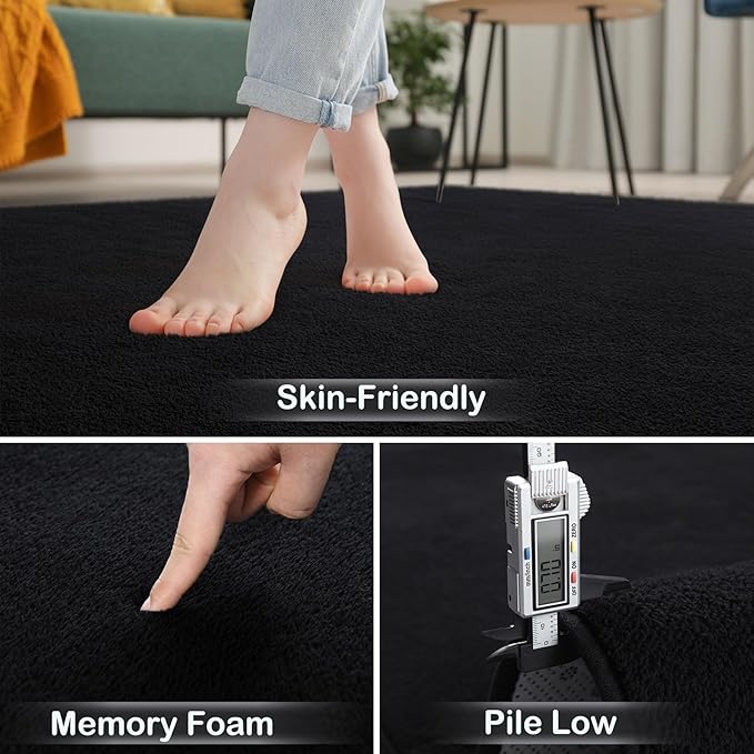 Keeko 2x6 Area Rugs for Living Room,Soft Washable Memory Foam Bedroom Rug | Indoor Throw Rug Low Pile Minimalist Non Slip Carpet for Kids Nursery Classroom Dorm Room Home Decor Black