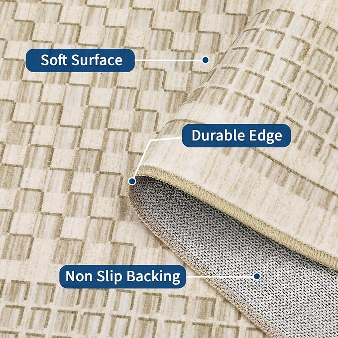 GarveeHome Washable Runner Rug 2x8 Runner Modern Non Slip Kitchen Runner Geometric Low Pile Entryway Rug Soft Bathroom Rugs Stain Resistant Carpet for Bedroom Hallway Laundry 2 ft x8 ft Beige
