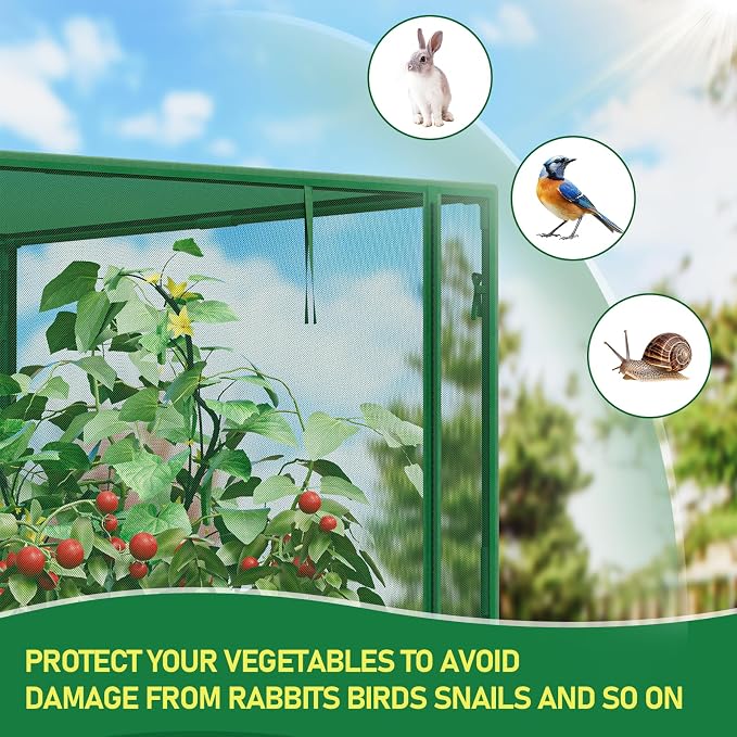 SPECILITE 49x49x39in Garden Plant Netting Mesh Cover for Raised Bed with Roll-up Zipper Door for Vegetables Fruits, Large Tunnel Gardening Net, Green