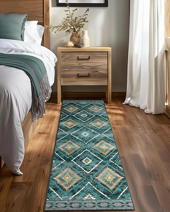 2'x10' Washable Area Rug for Living Room Runner Teal/Green | Soft Western No Slip Low Pile Print Foldable Indoor Small Rug for Kitchen entrance entryway hallway