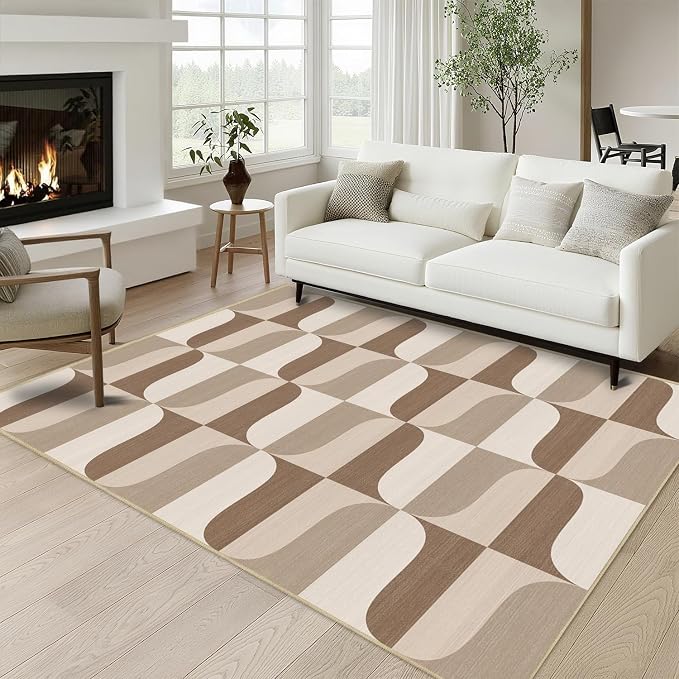 Modern Geometric Rug 3x5 Neutral Beige Brown Abstract Mid Century Modern Area Rug for Entryway Living Room Contemporary Machine Washable Non-Slip Printed Low-Pile Floor Carpet for Kitchen Bedroom