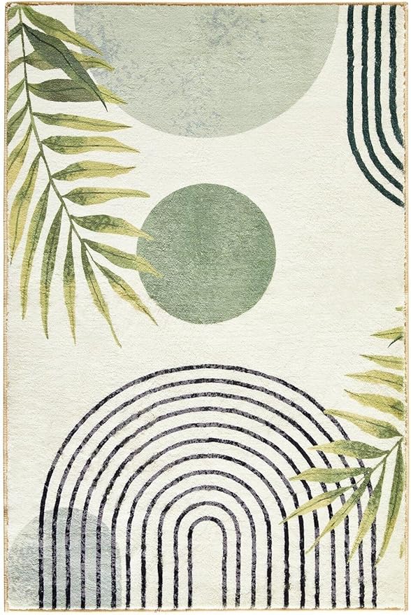 RoomTalks Mid Century Modern Washable Rug, Green Boho Cute Aesthetic 5x7 Area Rugs for Bedroom Dining Room Living Room Office, Abstract Tropical Leaves Thin Shaggy Indoor Entryway Rug Carpet