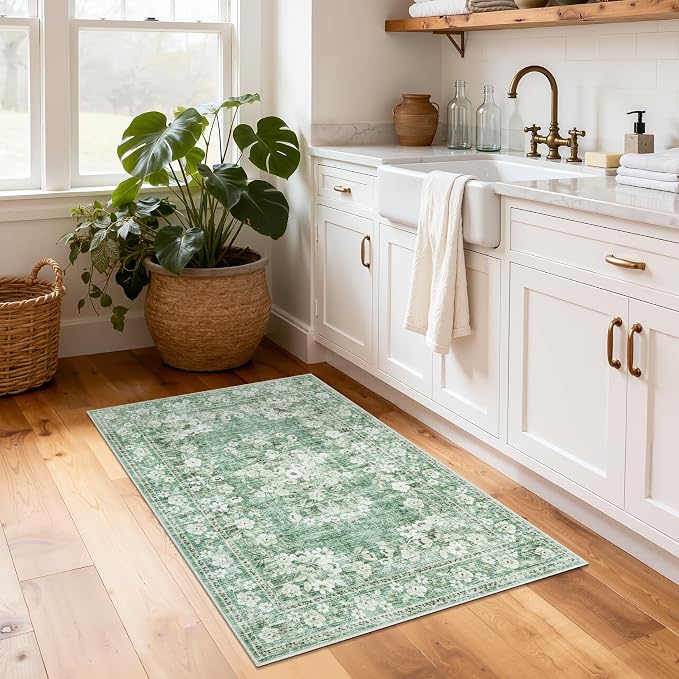 GarveeHome 2x3 Small Rug for Kitchen Machine Washable Floral Doormat | Non-Slip Low Pile Vintage Throw Carpet for Hallway Flower Bordered Accent Mat Boho Botanical Area Rugs for Bedroom Sage Green