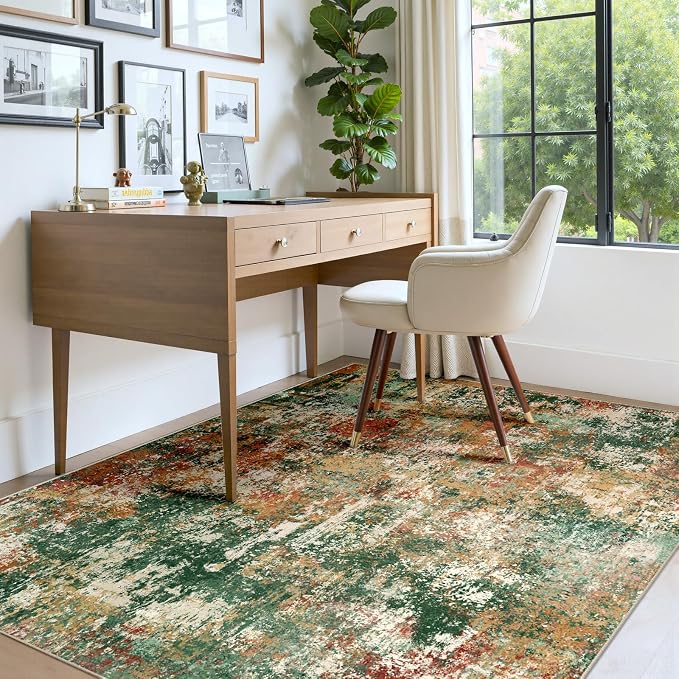 RELEANY Washable 5'x8' Abstract Area Rug for Living Room Green Multi | Carpet for Bedroom, Kitchen, Office, Hallway and Entryway, Printed Pattern, Non‑Slip, Soft, Stain‑Resistant, Easy to Clean