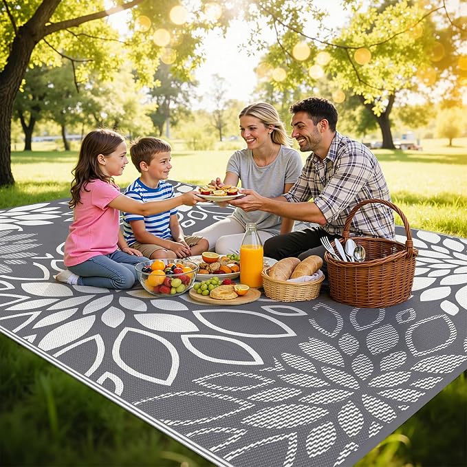 HEBE Waterproof Outdoor Rug 9x12 for Patios, Floral Reversible Plastic Straw Rug Patio Mat, Indoor Outdoor Carpet RV Mat Camping Rug for Deck, Camper, Porch, Balcony, Backyard, Picnic