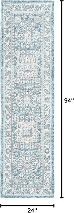 Unique Loom Outdoor Aztec Collection Area Rug - Chalca (2' x 7' 10" Runner, Aqua/ Ivory)