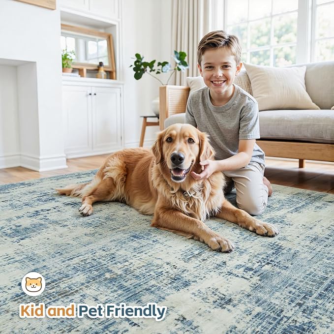 9x12 Washable Area Rug for Living Room Bedroom: Non-Slip Modern Blue Gray | Machine Washable TPR Backing, Stain-Resistant Low Pile, Pet & Kid Friendly, Abstract Decor for Dining Room, Dorm, Home Office