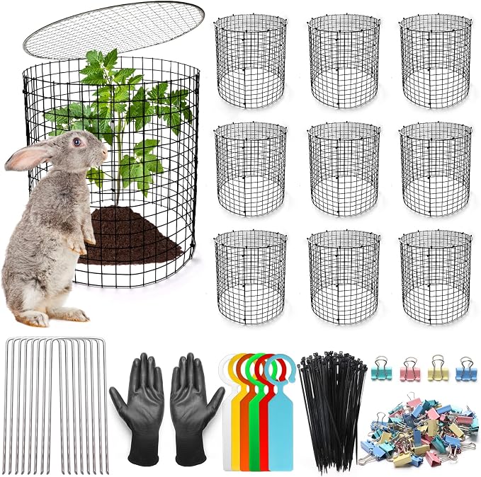AHIER 10 PCS Chicken Wire Plant Protector from Animals with Covers, Plant Cages for Outdoor Plants to Keep Animals Out Including 30pcs Metal Mesh, Covers, Ground Stakes, Labels, Clip, Ties and Gloves
