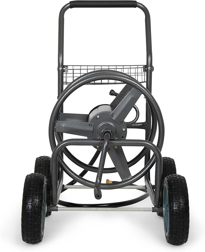 Backyard Expressions 4‑Wheel Garden Hose Reel Cart with Storage Basket, Hand‑Crank Rewind, Rust‑Resistant Hammertone Gray Finish, Brass Connectors