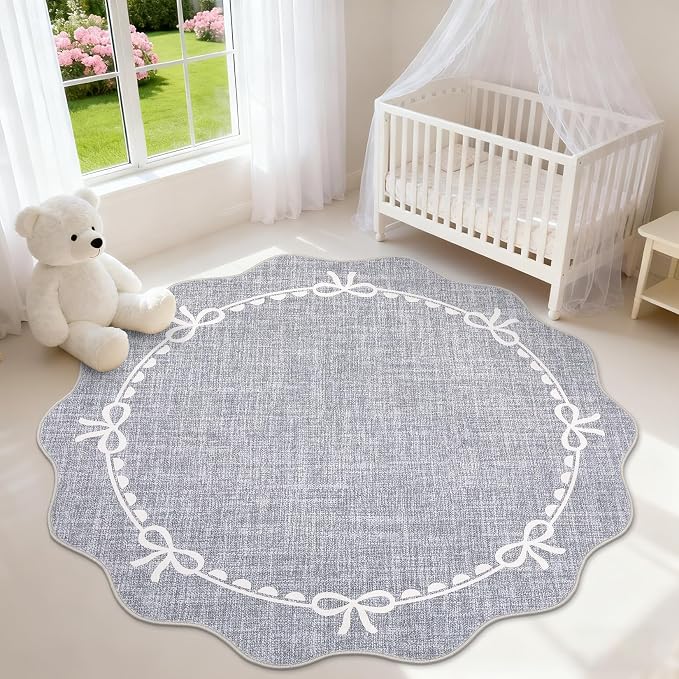 GarveeHome 6ft Round Rugs Washable Scalloped Bow Rug for Bedroom, Grey | Non Slip Soft Low Pile Ultra-Thin Stain Resistant Indoor Carpet for Living Room Nursery Girls Dorm Decor Kids Room Playroom