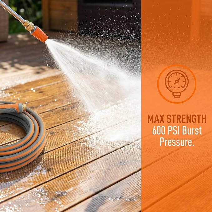 PremiumPro 75FT 5/8" Heavy Duty Reinforced Garden Hose, Large Flow,600 PSI Burst Pressure, Four Layer Hybrid Polymer Anti Kink with 360 Swivel Brass Connectors and handle for yard,washing & irrigation