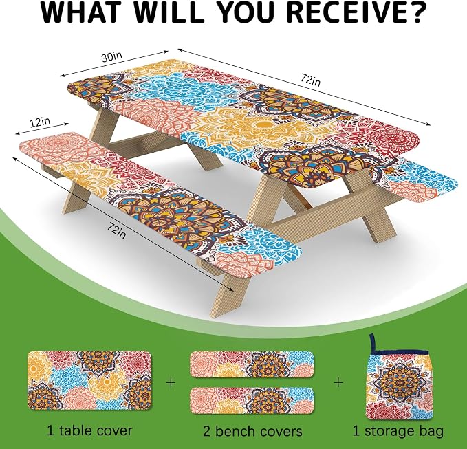 Picnic Table Cover with Bench Covers Elastic Edges, 3 Pcs Mandala Fitted Table Cover with Drawstring Bag, Waterproof Windproof Aesthetic Camping Tablecloth, Outdoor Camping Essentials 72 Inch