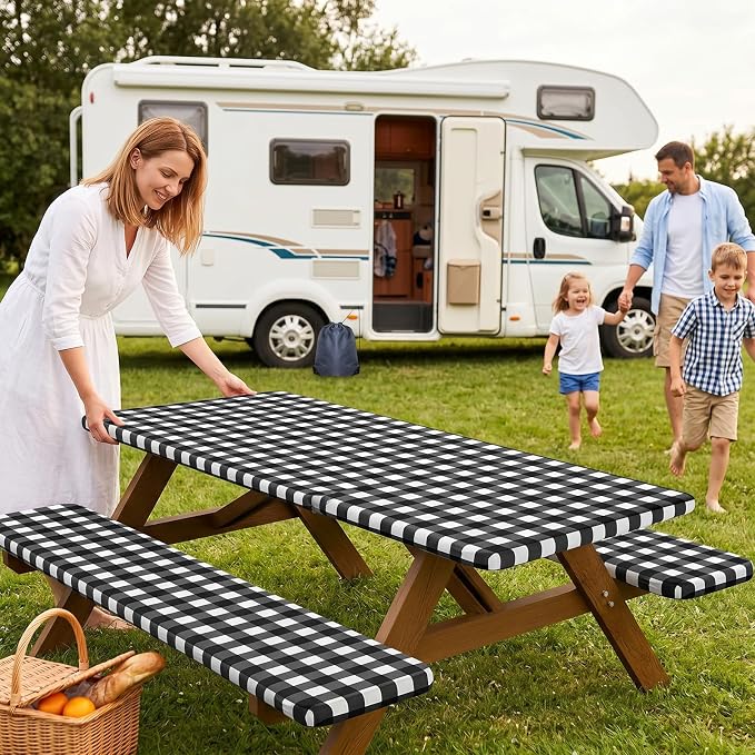 Smiry Picnic Table Cover with Bench Covers, Waterproof Elastic Fitted Tablecloths for 6 Foot Rectangle Tables, Washable Buffalo Plaid Tablecloth for Camping, Outdoor (Black & White, 30"x72")